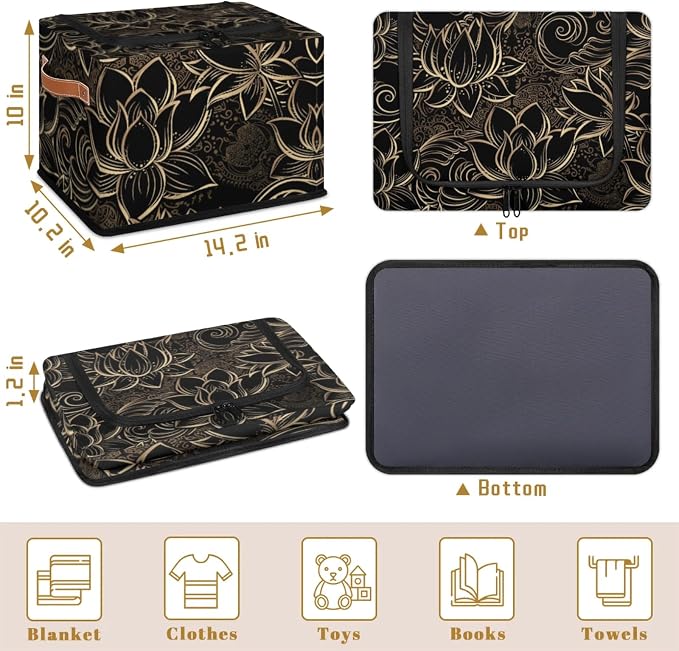 Storage Bins With Zipper Lid, Collapsible Trunk Organizer, Car Organizers and Storage Bins with Lids, Decorative Storage Boxes with Handle, Home Storage Baskets For Organizing (Golden Lotus)