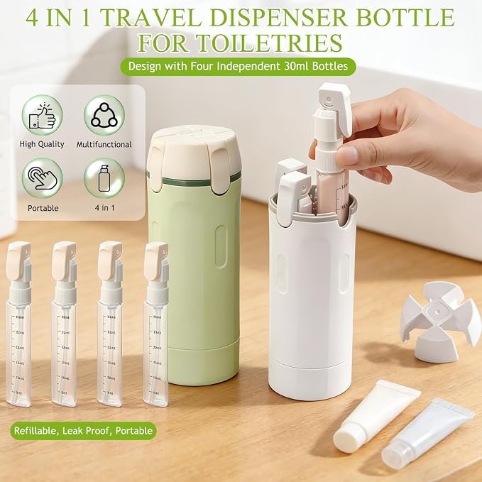 4 in 1 Travel Dispenser Bottle, 4 Pack 30ML Travel Bottles for Toiletries, Refillable, Leak Proof, Portable, for Travel, Camping, Business Trip, for Face Wash, Body Wash, Lotion, Toner (Green)