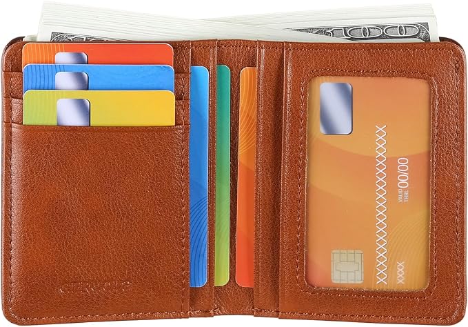 Bifold Slim Men Wallet Genuine Leather Thin, Small Vertical RFID Blocking Wallets for Men ，Compact & Stylish with Clear ID Windows (Brown)