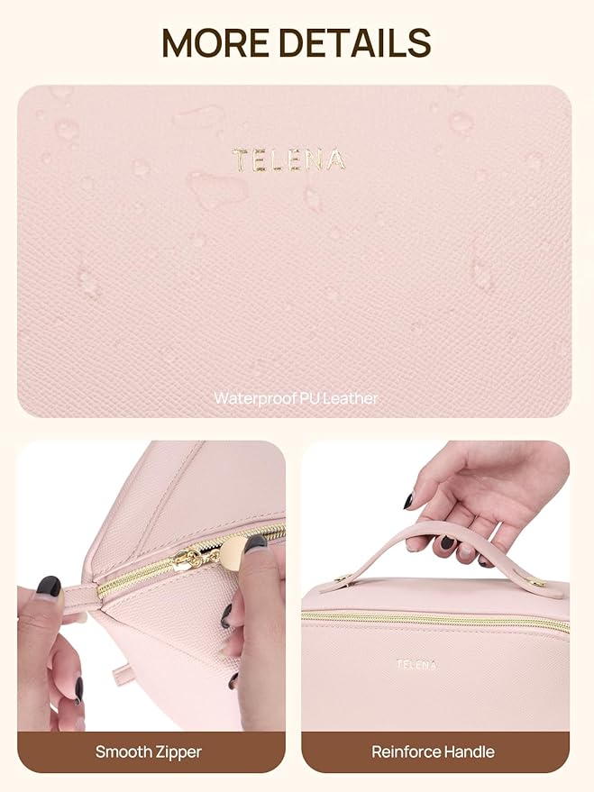 Telena Leather Make Up Bag Portable Travel Makeup Bag Waterproof Cosmetic Bags for Women Large Capacity With Handle and Divider Open Lay Flat Pink
