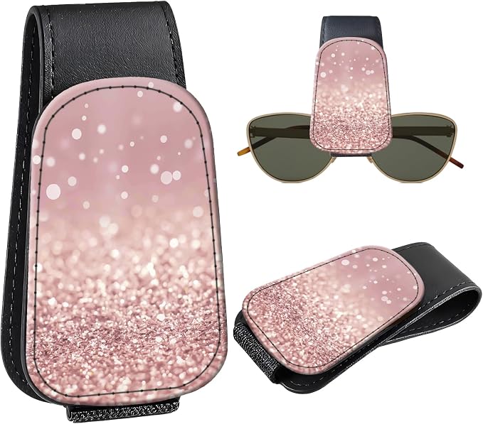 Leather Magnetic Sunglass Holder for Car Sun Visor, Cute Eyeglass Ticket Card Hanger Clip, Universal Auto Interior Accessories for SUV Pickup Truck, Rose Gold Glitter