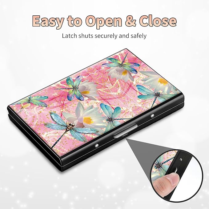 Slim Credit Card Holder, Pink Dragonfly RFID Blocking Metal Wallet for Men & Women, Aluminum Minimalist Hard Case Pocket-Sized Business Cards Organizer (Fits Up to 10 Cards)