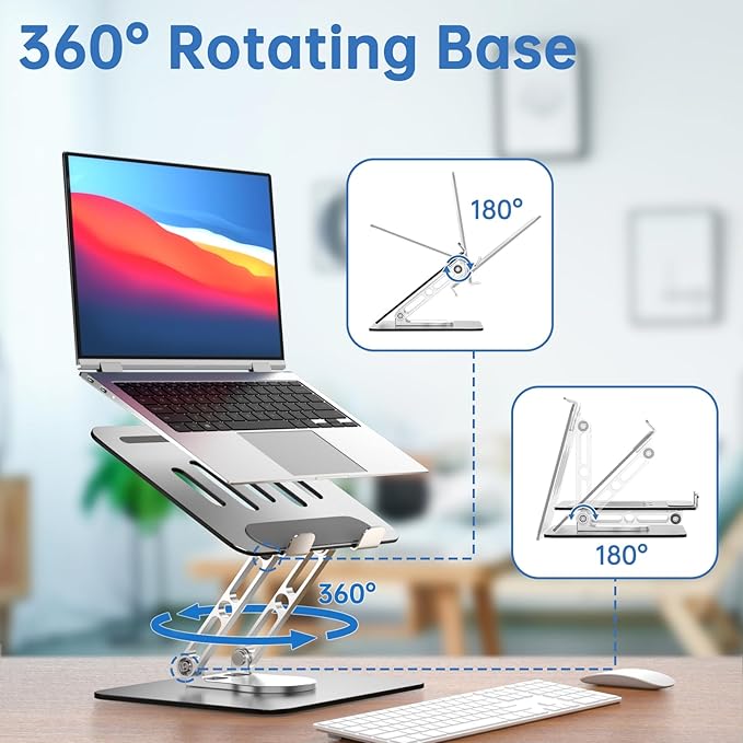 Laptop Stand for Desk Adjustable Computer Stand with 360 Rotating Base Ergonomic Laptop Riser Mount for Desk Foldable Protable Computer Desk Fits with MacBook Pro Air, Rectangle