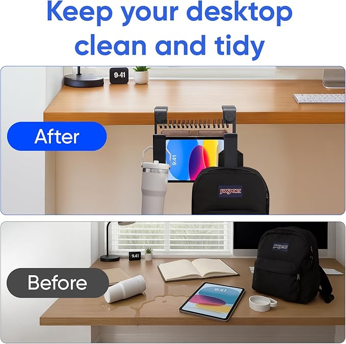 OOKUU Adjustable Desk Side Laptop Holder, No Drill Laptop Side Desk Mount, Hanging Side Desk Laptop Stand, Non-Slip Scratch-Resistant Pad（Black）