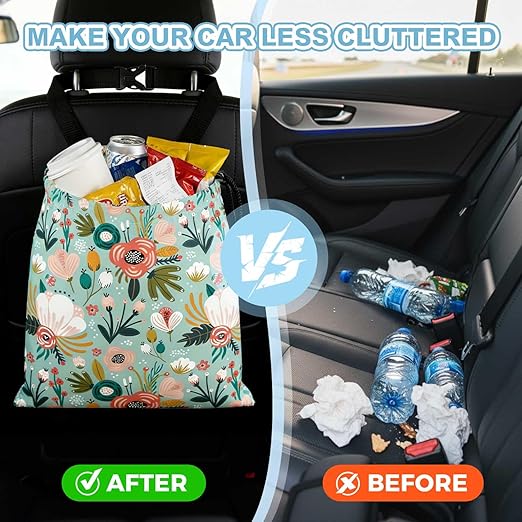 Bohemian Flowers Car Trash Bag - Waterproof Car Trash Bag Hanging Leakproof Car Garbage Bag - Washable Reusable Trash Bag For Car Interior Hanging Organizer Storage Vehicle Travelling Camping