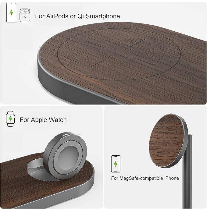KU XIU X23 PRO Magnetic Wireless Charging Stand, 3-in-1 Charging Station for iPhone 17/16/15/14/13/12 & iPhone Air, 5W for iWatch S11–4/SE/Ultra 3/2/1, AirPods 4/3/2/Pro – Wood Grain