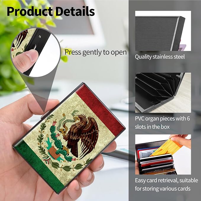 Metal Wallet, Credit Card Holder for Women Men Girls, RFID Blocking Aluminum Wallet Slim Hard Case, Mini Travel Wallet, ID Card Holder Business Card Case,Mexico Mexican Vintage Flag