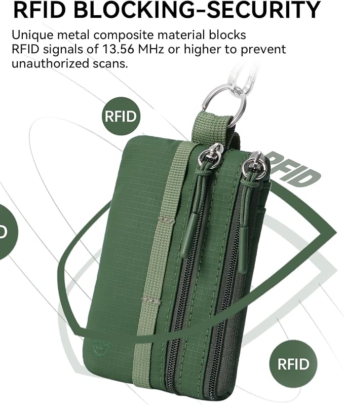 BOSTANTEN Small Wallet RFID, Minimalist Zip ID Case Wallet with Lanyard Keychain, Water Resistant Card Wallets for women & Men, Green