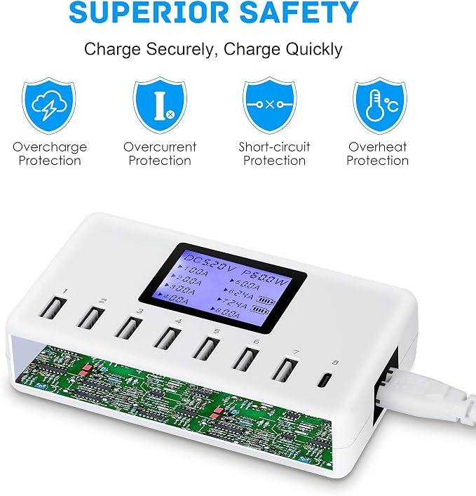 60W 12A 8-Port USB Charging Station - Multi Port USB Hub Charger with LCD Display - Compatible with iPhone, iPad, Samsung, Kindle, Tablet, Bluetooth Earbuds and More