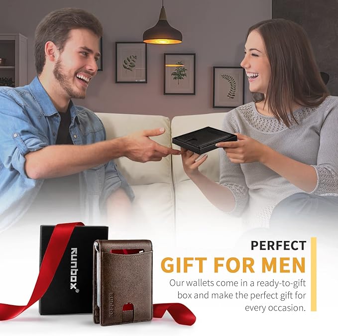 RUNBOX Slim Wallet for Men Genuine Leather RFID Blocking Bifold Minimalist Front Pocket Mens Wallet with Money Clip Thin Gift Box