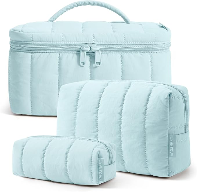 BAGSMART Travel Makeup Bag for Women, 3 Pcs Puffy Padded Cosmetic Organizer Bag, Large Toiletry Case and Small Purse Pouch for Gym, Work, Girls (Baby Blue)