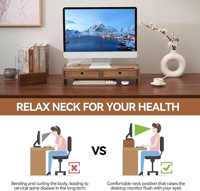 KIRIGEN Wood Monitor Stand with 2 Drawers, Solid Wood Computer Monitor Riser for Desk, Desktop Organizer Shelf with Cable Management, Pen Slots, Brown, No Assembly PMJ-DBR