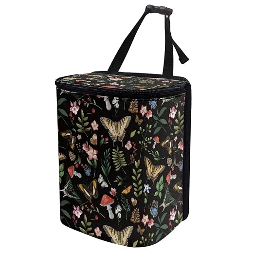 Talayituse Mushroom Butterfly Flower Print Car Trash Bin, Large Size Auto Trash Can Adjustable Portable Garbage Can with Lid, Vehicle Hanging Bag for Headrest Front Back Seat