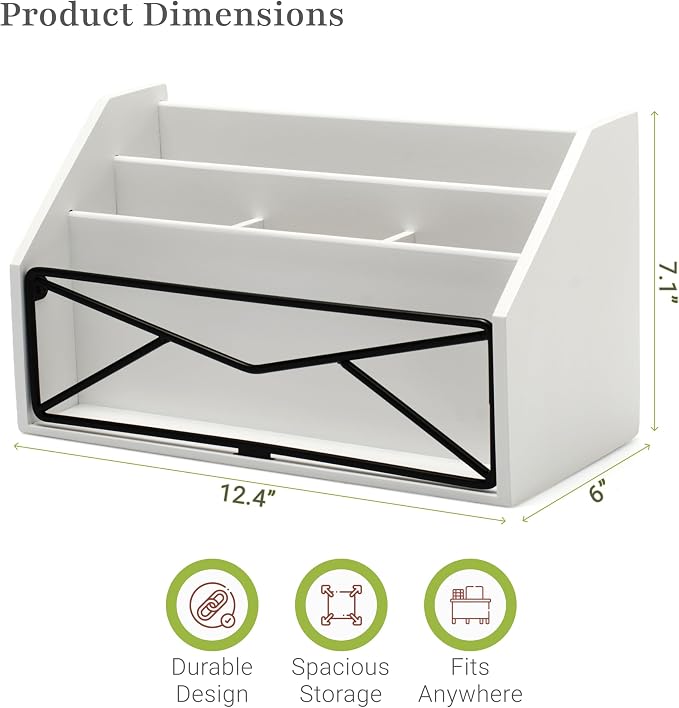 Prosumer's Choice Bamboo Desk Organizer – White Powder-Coated Natural Bamboo Mail Organizer for Countertop - Wooden Desktop Organizer for Mail, Files, Letters, and Tabletop Storage