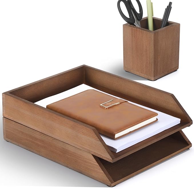 Nuanchu 2 Pcs Wooden Letter Trays with Pen Holder Wood Desk Organizer Set Heavy Duty 2 Tier Brown Stackable Supports Letter-Size Paper Tray Desktop Drawer Pen Magazine File Folder Office Accessories