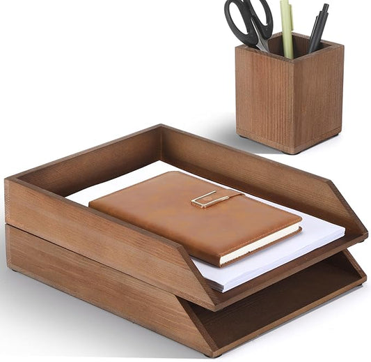 Nuanchu 2 Pcs Wooden Letter Trays with Pen Holder Wood Desk Organizer Set Heavy Duty 2 Tier Brown Stackable Supports Letter-Size Paper Tray Desktop Drawer Pen Magazine File Folder Office Accessories