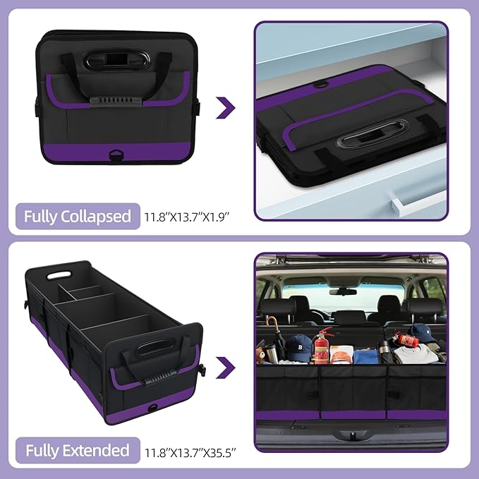 Trunk Organizer for Car, Sturdy Storage Organization with Non-Slip Bottom Strips, 95L Large Capacity Cargo Organizer for Suv, Truck, Sedan, Waterproof Portable Car Organizers for Women Men(Purple)