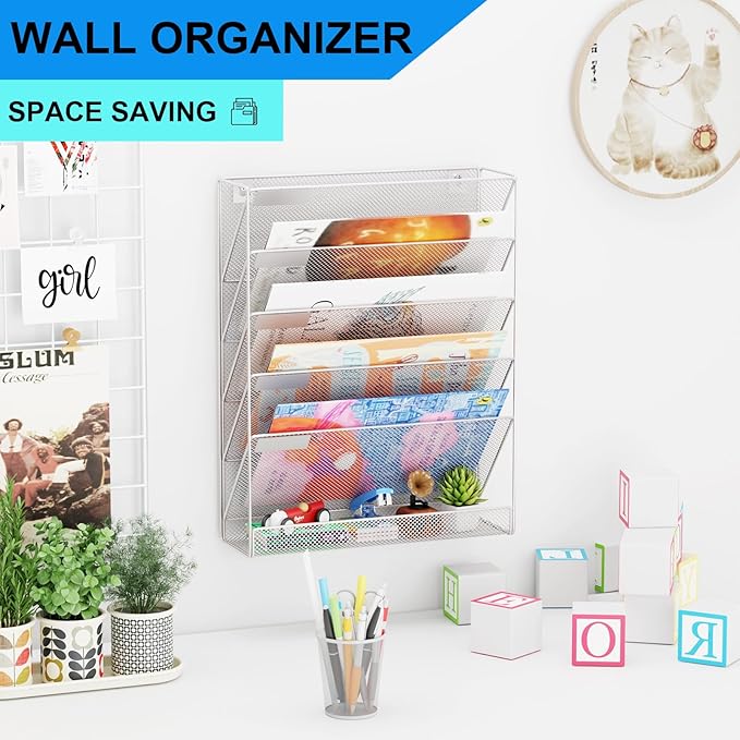 Wall File Organizer Holder Mesh Hanging Paper Document Holder, Vertical 6 Pocket Tier for Office Home, Silver