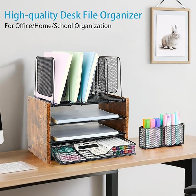 OPNICE Desk Organizer, 4-Tier Desktop File Organizer with Drawer and 2 Pen Holders, Office Desk Accessories, Workspace Organizers for Office Supplies(Brown Wood)