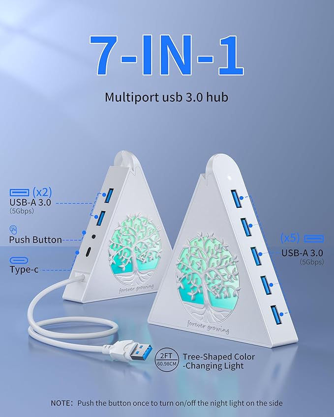 7-Port USB 3.0 Hub, White Vertical USB Hub Splitter with Tree-Shaped RGB Lighting, 5Gbps High-Speed Transfer, 2FT Extension Cable, Compatible with PC, MacBook, Laptop, Flash Drive, Printer