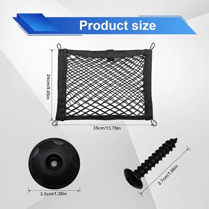 2PCS Double Layer Elastic Cargo Net, 14×10 Inch Small Pocket Stretchable Storage Mesh Net, Automotive Organize Pouch Mesh Net with 8 Mounting Screws and Hooks for Trunk RV SUV Car Boats