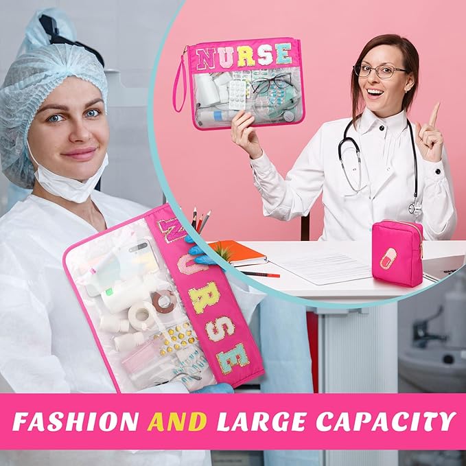Hillban 2 Pcs Nurse Week Gift Makeup Cosmetic Bag Nurse Appreciation Gift for Women Clear Chenille Letter Bag Toiletry Zipper Pouch Waterproof Travel Purse Survival Kit Medical Accessories