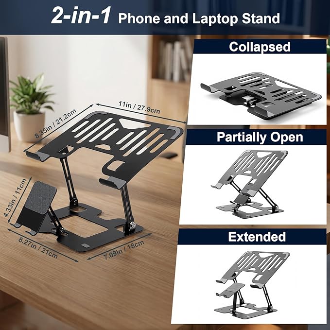 Alloy Steel Laptop Stand, Ergonomic 2-in-1 Laptop & Phone Stand, Adjustable & Portable Laptop Stand for Desk, Computer Stand, Compatible with MacBook Pro/Air and More 10-18" Laptops - Black
