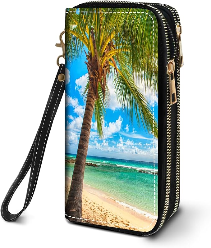 Women's Large Capacity Wallet PU Leather Double Zipper Clutch Purse Multifunctional Wallet with Removable Wristlet Strap for Smart Phone/Coin/Card/Cash, Tropical Paradise Beach Palm Trees