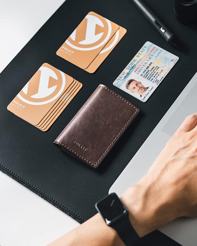 VULKIT Leather Business Card Holder 2 Sided Slim Business Name Card Organizer for Men or Women, Up to hold 20 cards (Vintage Espresso)