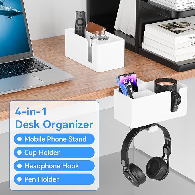 4 in 1 Desk Cup Holder with Storage - Clamp on Under Desk Headphone Hanger - Detachable Pen Cup Holder Desktop Storage for Desktop Attachments Accessories (White)