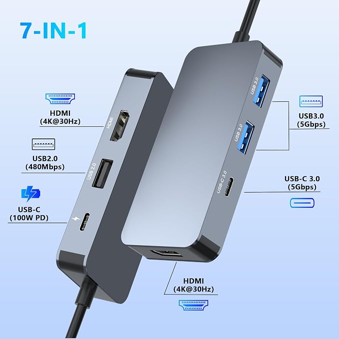 Docking Station Dual Monitor for Dell/HP/Mac Laptops, 7 IN 1 USB C to Dual HDMI Adapter Multiport Hub with 2*4K HD, 3*USB-A/USB-C Data Port, 100W PD, HDTV Splitter for Dual Monitors Extended Display