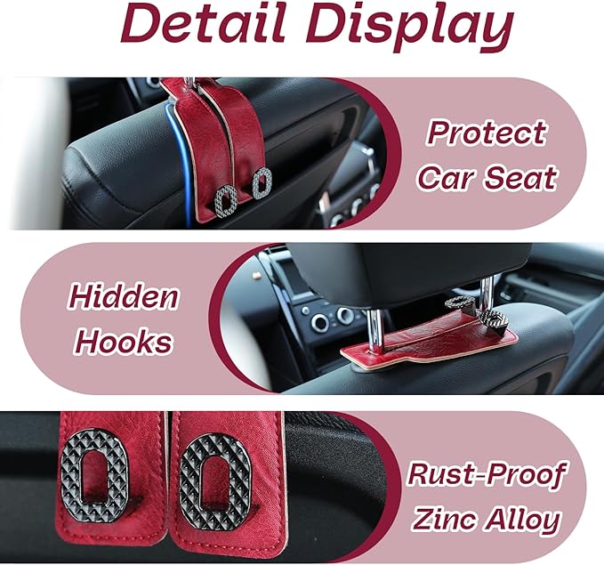 Car Headrest Hooks Universal Car Purse Hook Premium Leather and Alloy Twin Hook Car Seat Back Storage Hanger Hook for Purse Bags Cloth Drink Durable Holder Car Accessories (BH09-Red-Black)