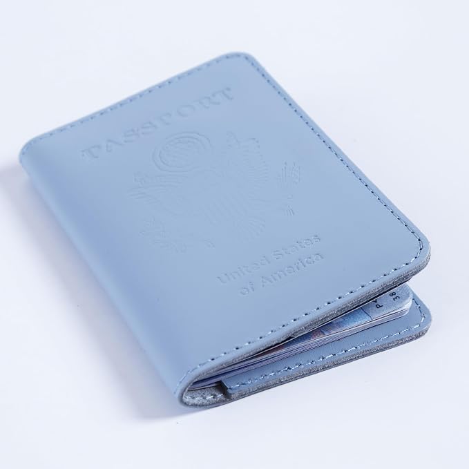 INCARNE US Leather Passport Holder for Travel - Passport Case - Passport Wallet for Men - Passport Cover for Women Sleeve Protector - Travel Essentials Vacation Travel Gifts - Classic Light Blue