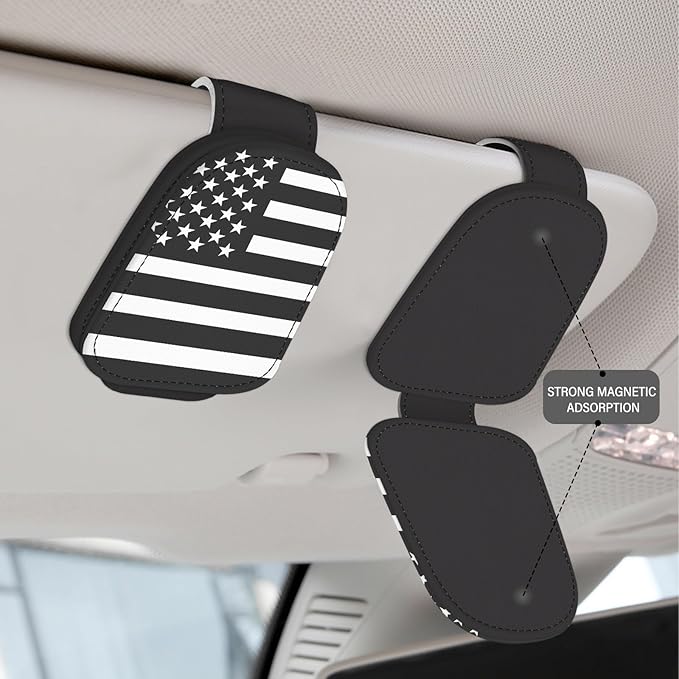 2 Pack Sunglass Holder for Car Visor, National Flag Magnetic Leather Car Sun Visor Clip for for Different Size Eyeglasses, Car Visor Accessories Gadgets (National Flag-Gray)
