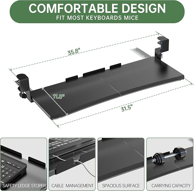 UPGRAVITY Extra Large Keyboard Tray Under Desk - Slide Out with Sturdy C-Clip Mount System, 31.5" (35.8" Including Clamps) x 11.8" Put-Out Keyboard Tray Computer Drawer for Ergonomic Typing, Black