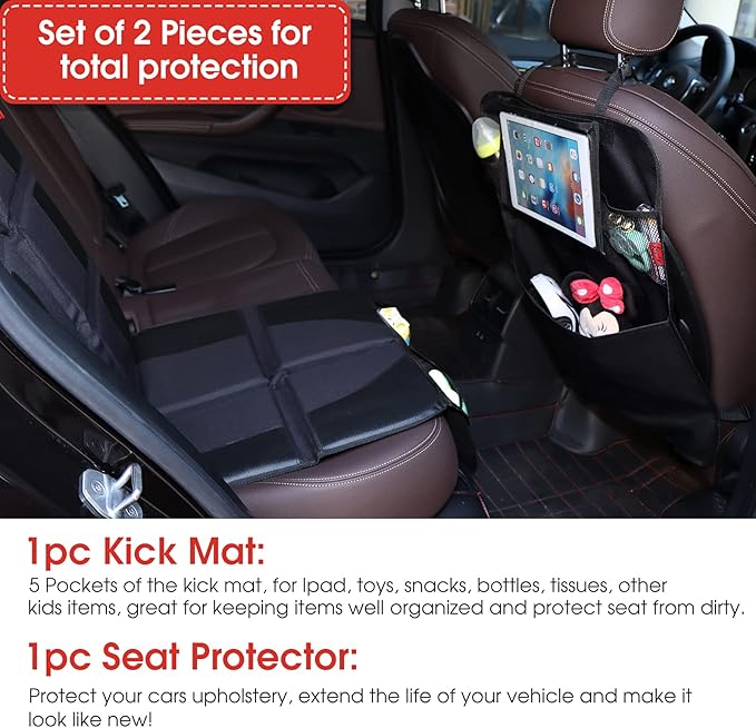 Kaiphy Car Seat Protector with Thick Padding + Backseat Car Organizer, XL Car booster protector for Child Baby Carseat, Waterproof & Durable 600D Fabric, Kick Mat Back Seat w/Storage Pockets