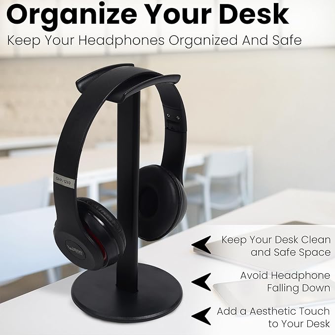 Headphone Stand for Desk, Curved Headset Stand with Aluminum Rod, Abs Solid Base, Gaming Headset Holder for Table Top,Headphone Accessories for Organization and Display (Black)