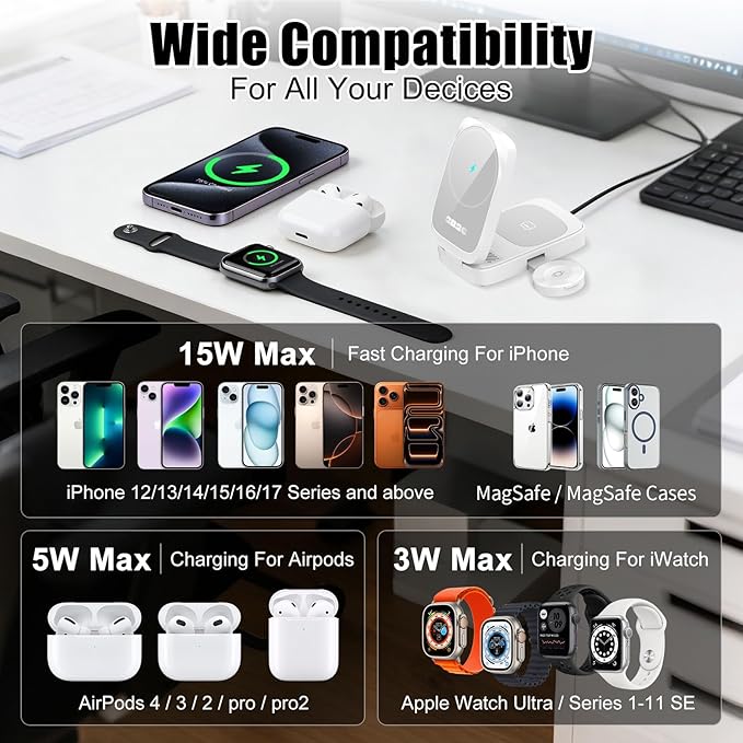 3 in 1 MagSafe Wireless Charging Station, 15W Magnetic Fast Charger for iPhone 17/16/15/14/13/12 Series, Apple Watch & AirPods, Foldable Portable Charging Stand for Desk, Bedside & Travel, White