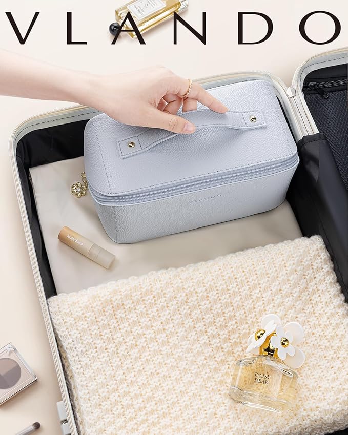 VLANDO Makeup Bag,Travel Toiletry Bag,Cosmetic Bag for Women PU Leather Portable Make up Bag for Skincare, Brushes & Travel Essentials-Baby Blue
