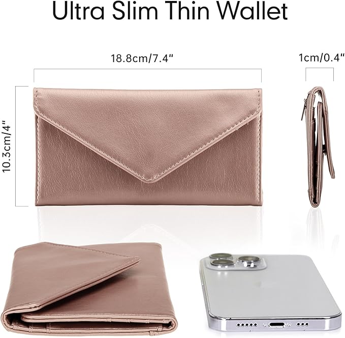 Envelope Wallets for Women Leather Credit Card Holder with RFID Blocking,2 ID Window, Zip Coin Pocket, Rose Gold