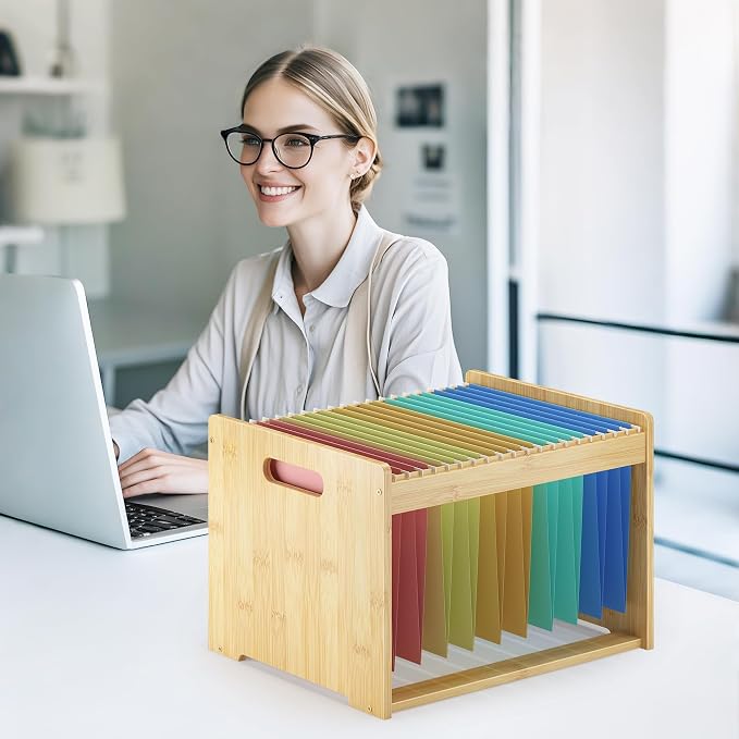 Hanging File Organizer Box for Letter Size, Bamboo File Folder Organizer, Storage Moving Boxes with Handle Wood Desk Filing Box for Office Banker Document