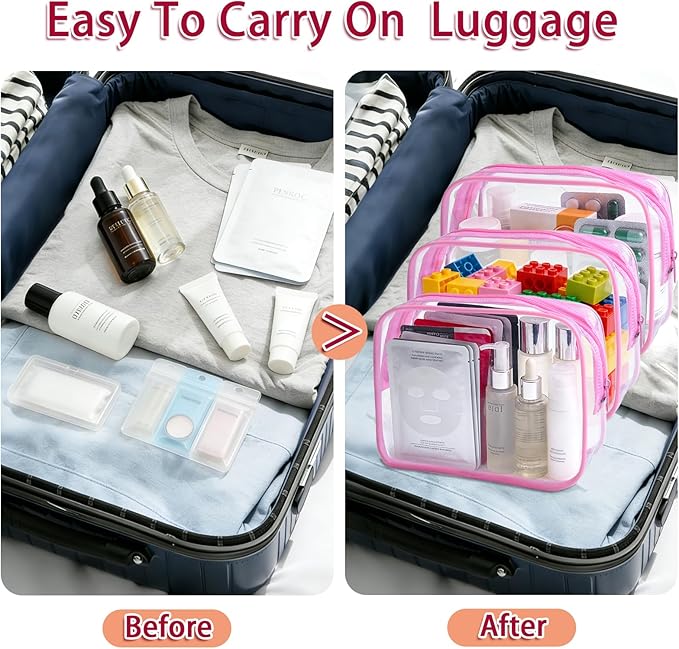 6 Pieces Clear Makeup Bags Bulk, TSA Approved Toiletry Bag PVC Cosmetic Toiletries Pouch with Zipper, Waterproof Vinyl Plastic Organizer Case for for Women Carry-on Travel Essentials (Pink)