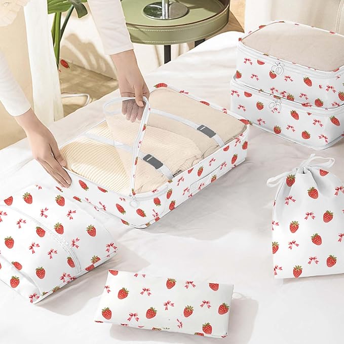 KPX 8 Set Packing Cubes for Travel, Luggage Packing Organizers Accessories Large Toiletries Bag for Clothes Shoes Cosmetics (Strawberry+Butterfly)