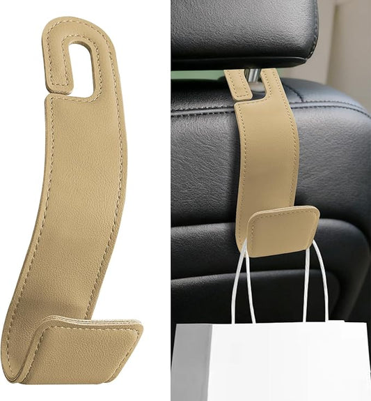 Car Seat Headrest Hooks, Purse Hook for Car, Automotive Headrest Handbags Holder, Auto Accessories Leather Seatback Organizer Hanger for Hanging Purses Bags Coats (Beige, 1PCS)