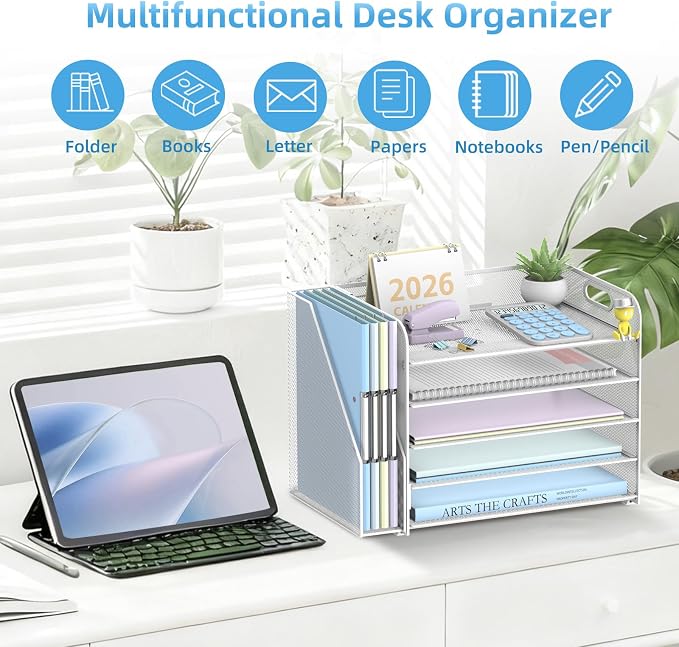 SUPEASY 5-Tier Desk Organizer with File Holder, Desk Organizers and Accessories, Paper Organizer for Desk, Mesh Desktop File Organizer, Workspace Organizers for Office School Home, White