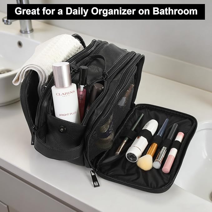 Toiletry Bag for Men and Women, Travel Essentials Shaving Dopp Kit, Travel Bag Toiletries Organizer Case for Grooming, PU Leather Water Resistant Cosmetic Bag Pouch (Black, Medium)