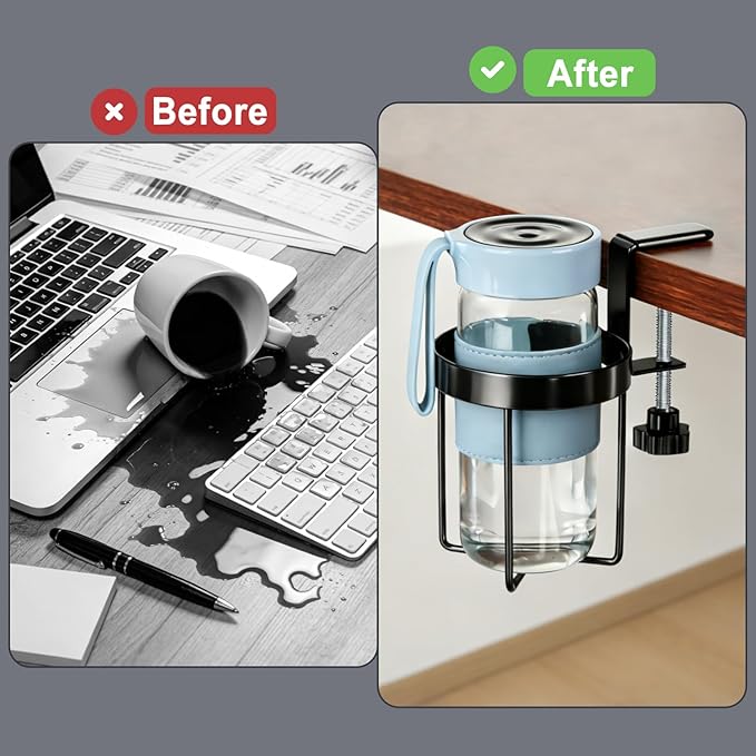 MYITYARD Desk Cup Holder Clamp, Anti-Spill Clip On Table Cup Holder, Rotatable Water Bottle Stand Drink Coffee Mug Storage, Office Accessories for Home and School (Black)