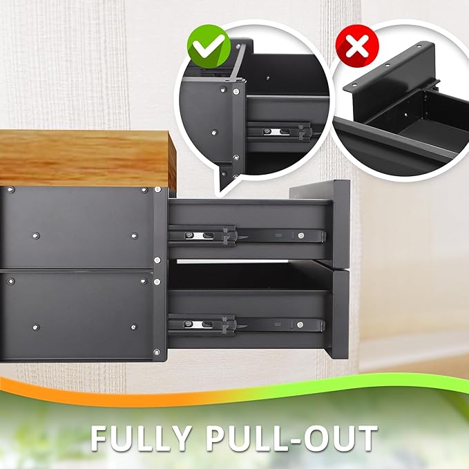 15 in 2-tier Under Desk Drawer,Adjustable Height, Under Desk Drawer Slide Out with Slide Extension Mounted Under Flat Wooden Table or Workbench, Carbon Steel Hidden Desk Drawer for Office & Home