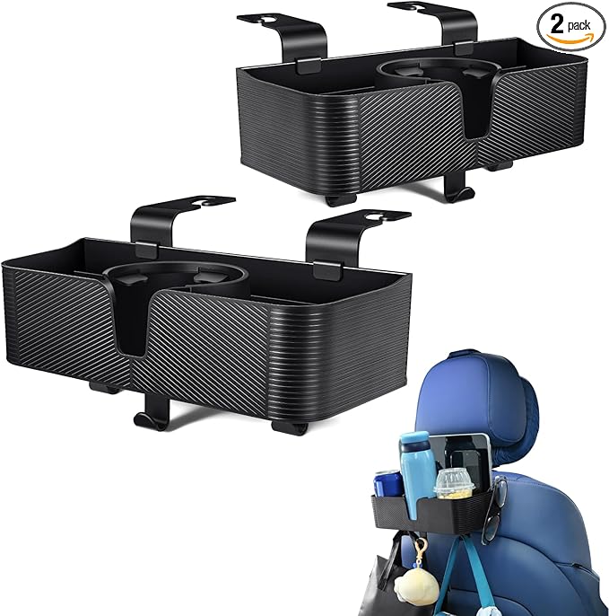3 in 1 Car Headrest Backseat Organizer, Seat Back Organizer Headrest Strong Multi- Hanging Hooks with 3.7" Cup Holder for Car Headrest Backseat Travel Accessories, 2PCS