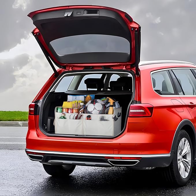 titiyiof Trunk Organizer For Suv & Sedan,Car Organizers and Storage, Waterproof Collapsible & Adjustable Straps,75L Sturdy Car Organization for Car Accessories, Tools,Sundries,2-3 Compartment（Beige）